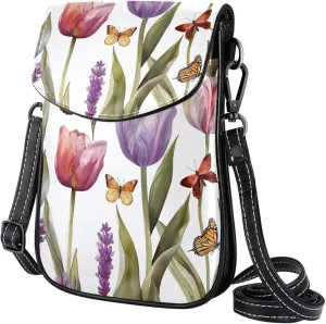 Satchel Bag Watercolor Tulips And Lavender Flowers Purse Crossbody Leather Messenger Bag For Women