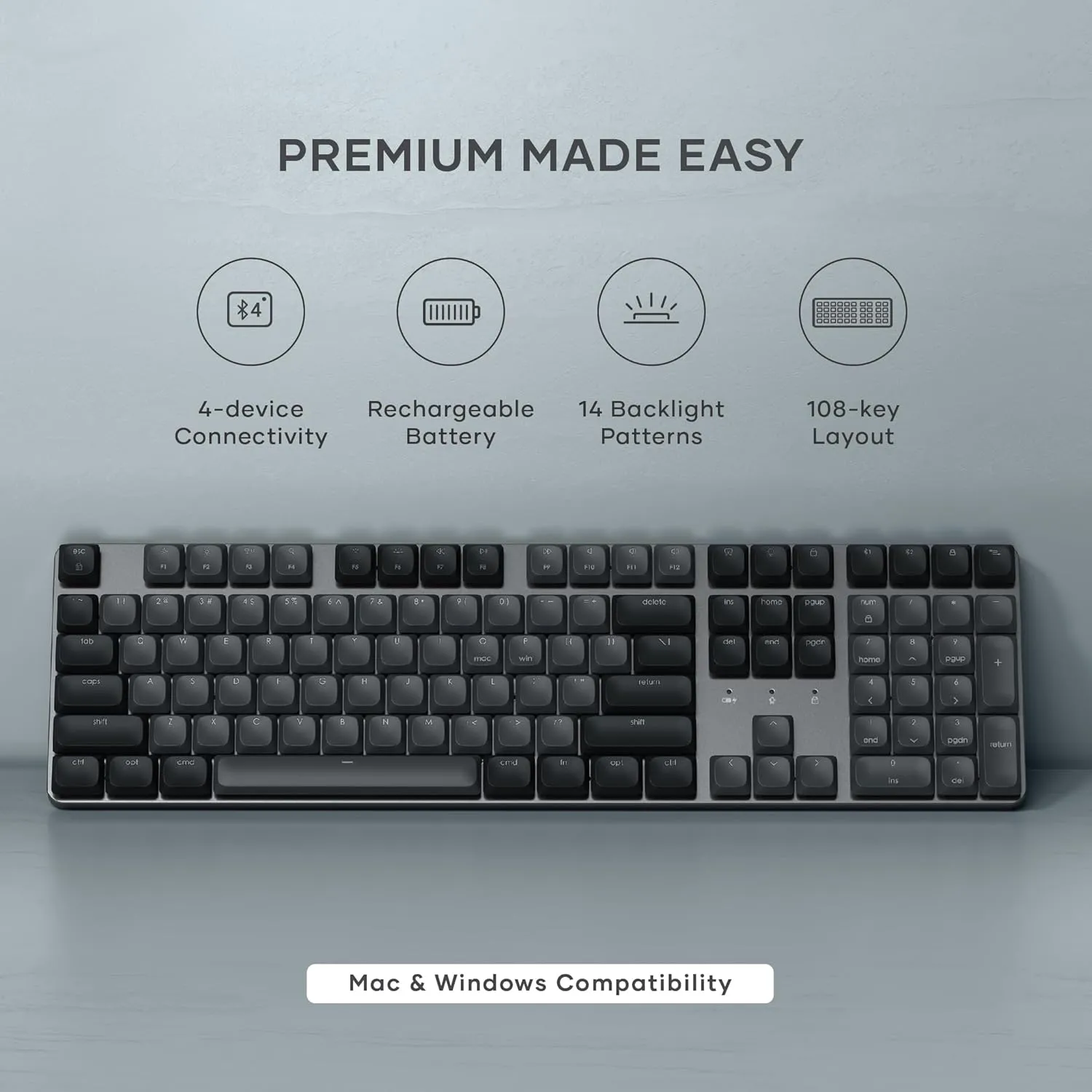 Satechi SM3 Mechanical Keyboard, 108 Keys Full Size with White LED Backlit, Wired and Bluetooth for Mac and Windows - Dark Gray/Gray