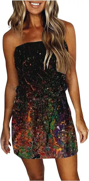 SAUKOLE Summer Dress for Women Strapless Beach Cover Ups Boho Sundress Mini Dress Drawstring Waist with Pockets