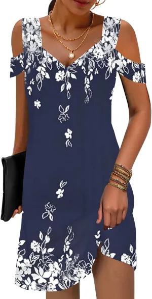 SAUKOLE Womens Sexy Cold Shoulder Dresses Summer Casual Dress Loose Fit Knee Length Dress