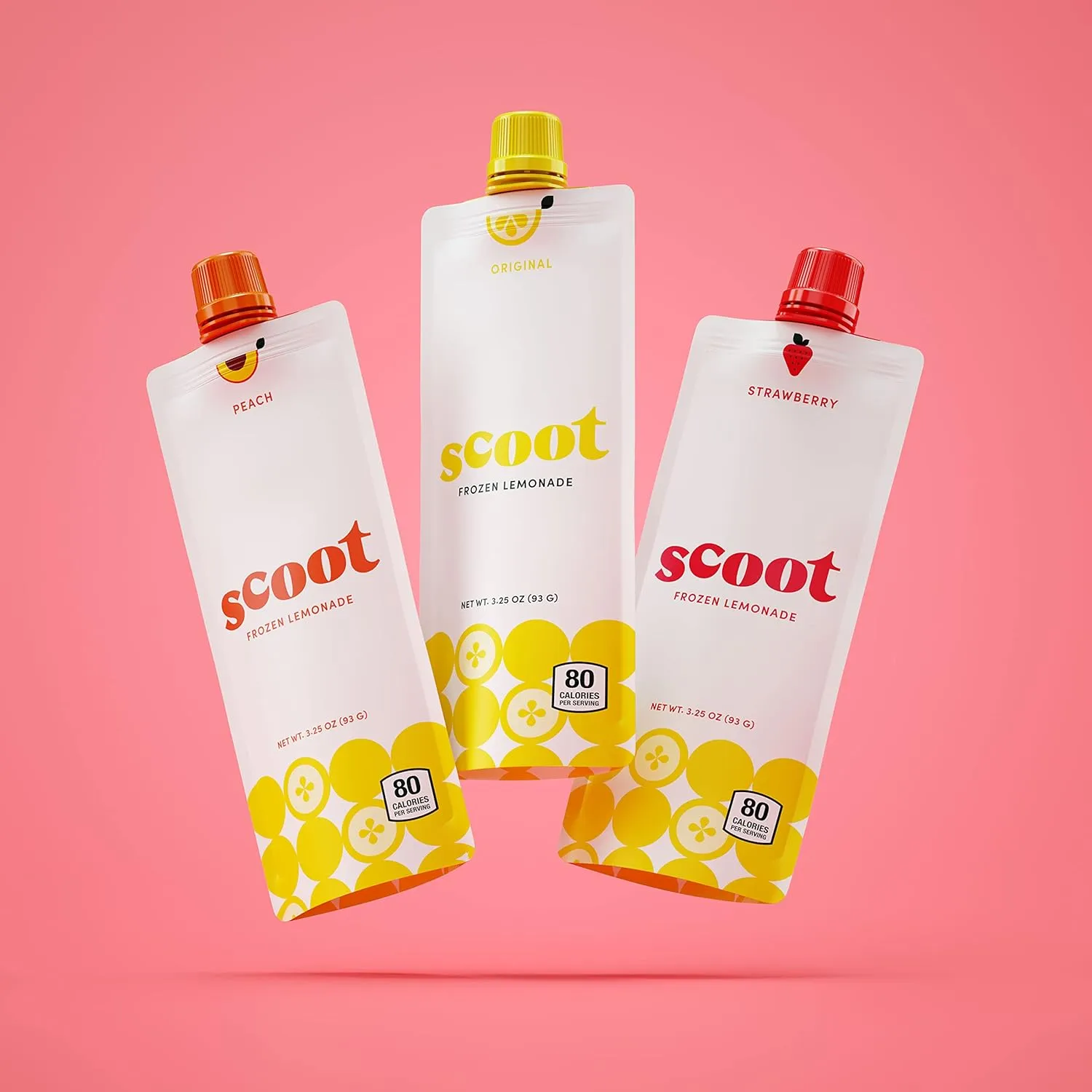 Scoot Frozen Lemonade Variety 12 Pack Featuring Original, Peach, and Strawberry Flavors. 12-3.25-ounce Shelf-stable Pouches, Ready to Freeze, Squeeze into a Slushy, and Enjoy