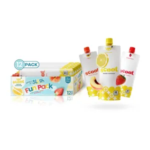 Scoot Frozen Lemonade Variety 12 Pack Featuring Original, Peach, and Strawberry Flavors. 12-3.25-ounce Shelf-stable Pouches, Ready to Freeze, Squeeze into a Slushy, and Enjoy