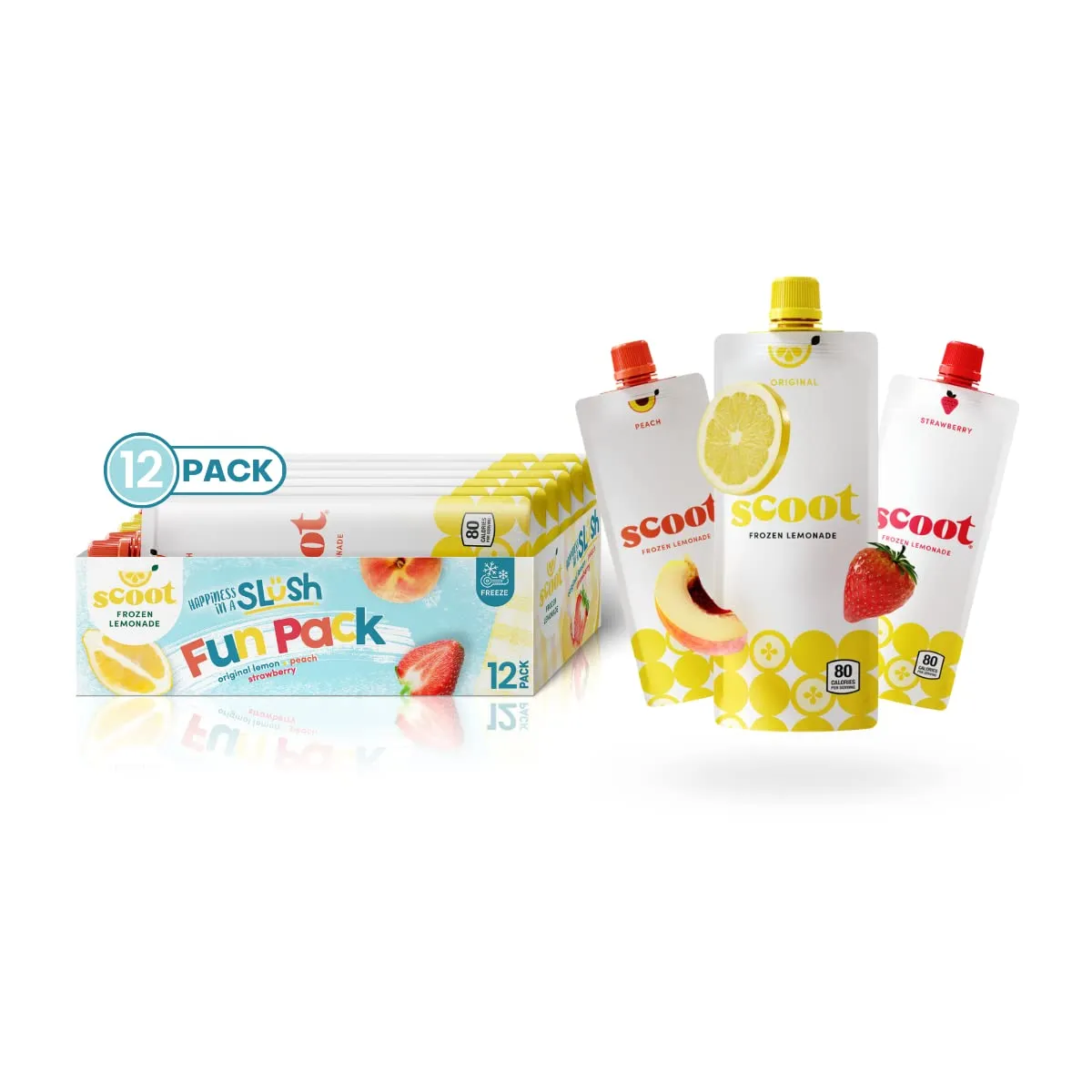 Scoot Frozen Lemonade Variety 12 Pack Featuring Original, Peach, and Strawberry Flavors. 12-3.25-ounce Shelf-stable Pouches, Ready to Freeze, Squeeze into a Slushy, and Enjoy