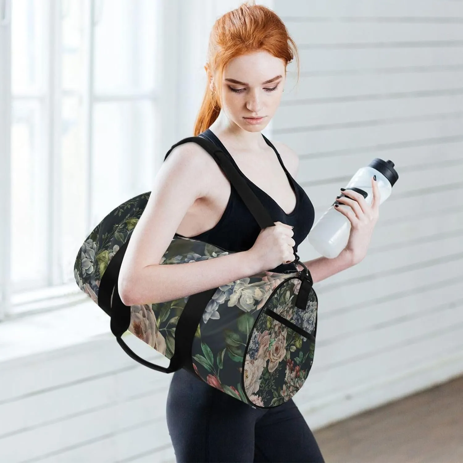 Seamless Floral Flowers Roses with Green Leaves on Dark Portable Gym Bag, Travel Bag, Luggage bag, Sports Bag, Toiletry Bag with Handles, Detachable Shoulder Strap 17.6 x 9 x 9 inch