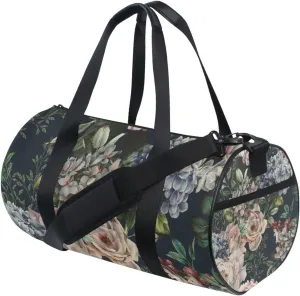 Seamless Floral Flowers Roses with Green Leaves on Dark Portable Gym Bag, Travel Bag, Luggage bag, Sports Bag, Toiletry Bag with Handles, Detachable Shoulder Strap 17.6 x 9 x 9 inch