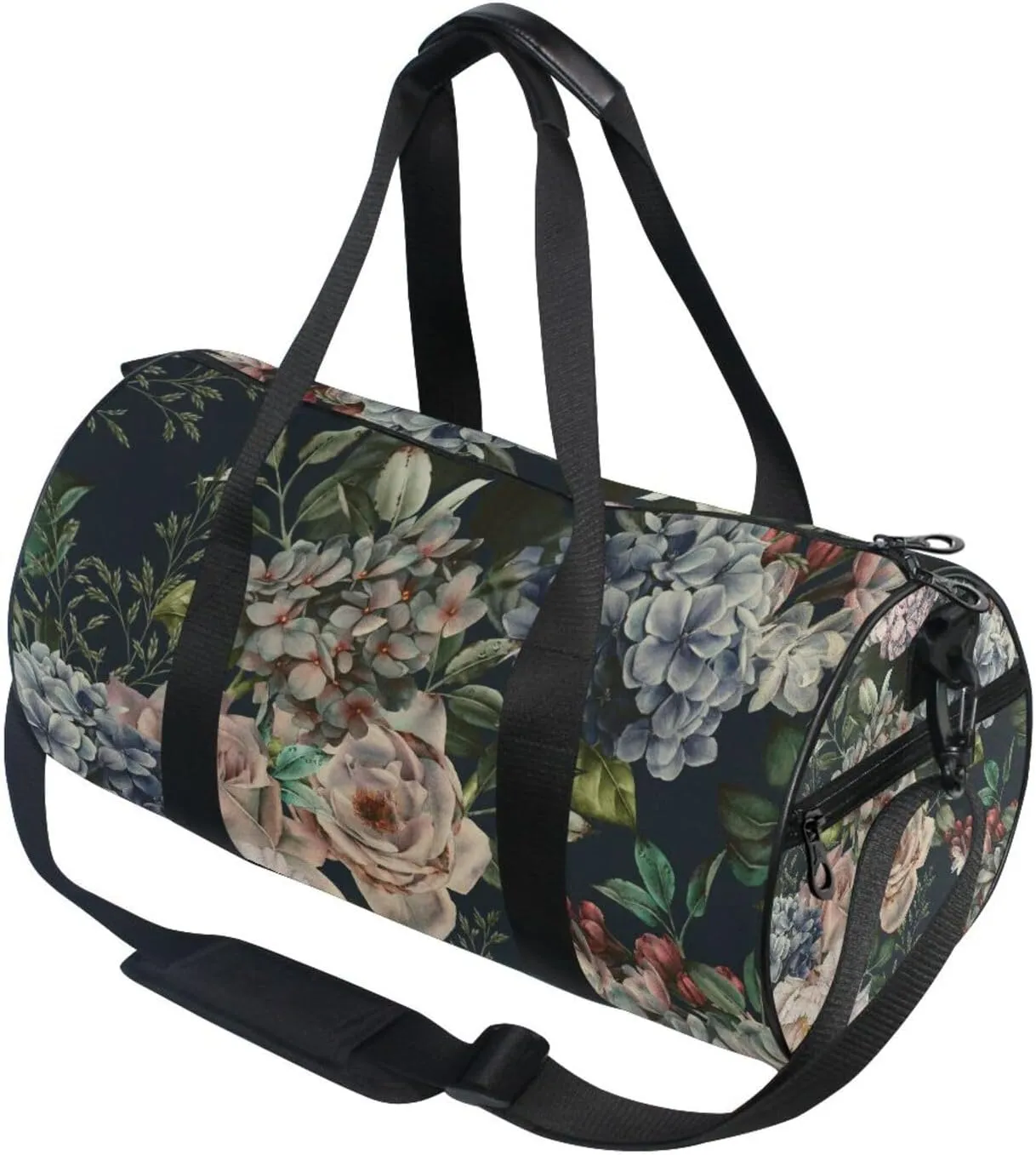 Seamless Floral Flowers Roses with Green Leaves on Dark Portable Gym Bag, Travel Bag, Luggage bag, Sports Bag, Toiletry Bag with Handles, Detachable Shoulder Strap 17.6 x 9 x 9 inch
