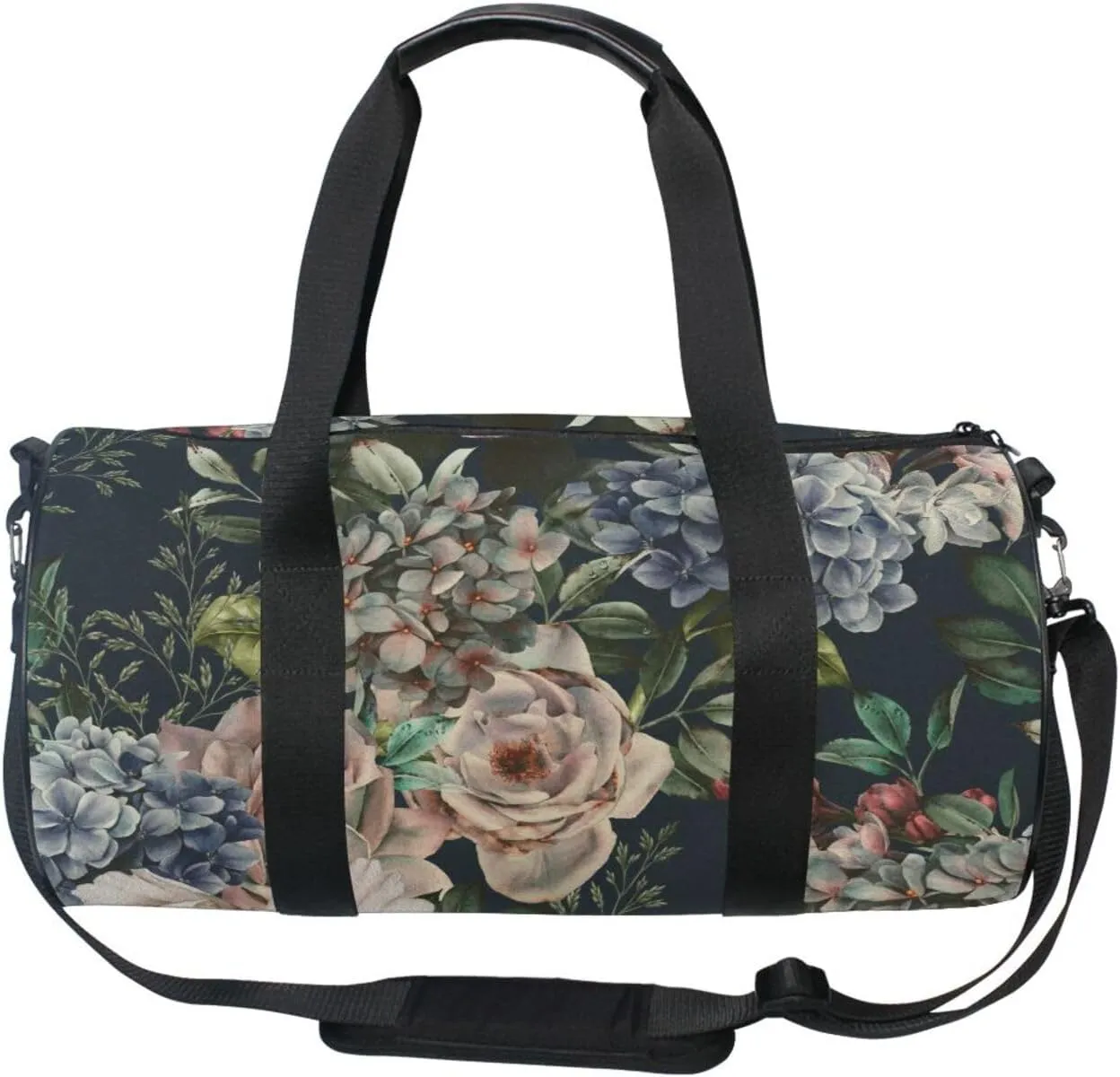 Seamless Floral Flowers Roses with Green Leaves on Dark Portable Gym Bag, Travel Bag, Luggage bag, Sports Bag, Toiletry Bag with Handles, Detachable Shoulder Strap 17.6 x 9 x 9 inch