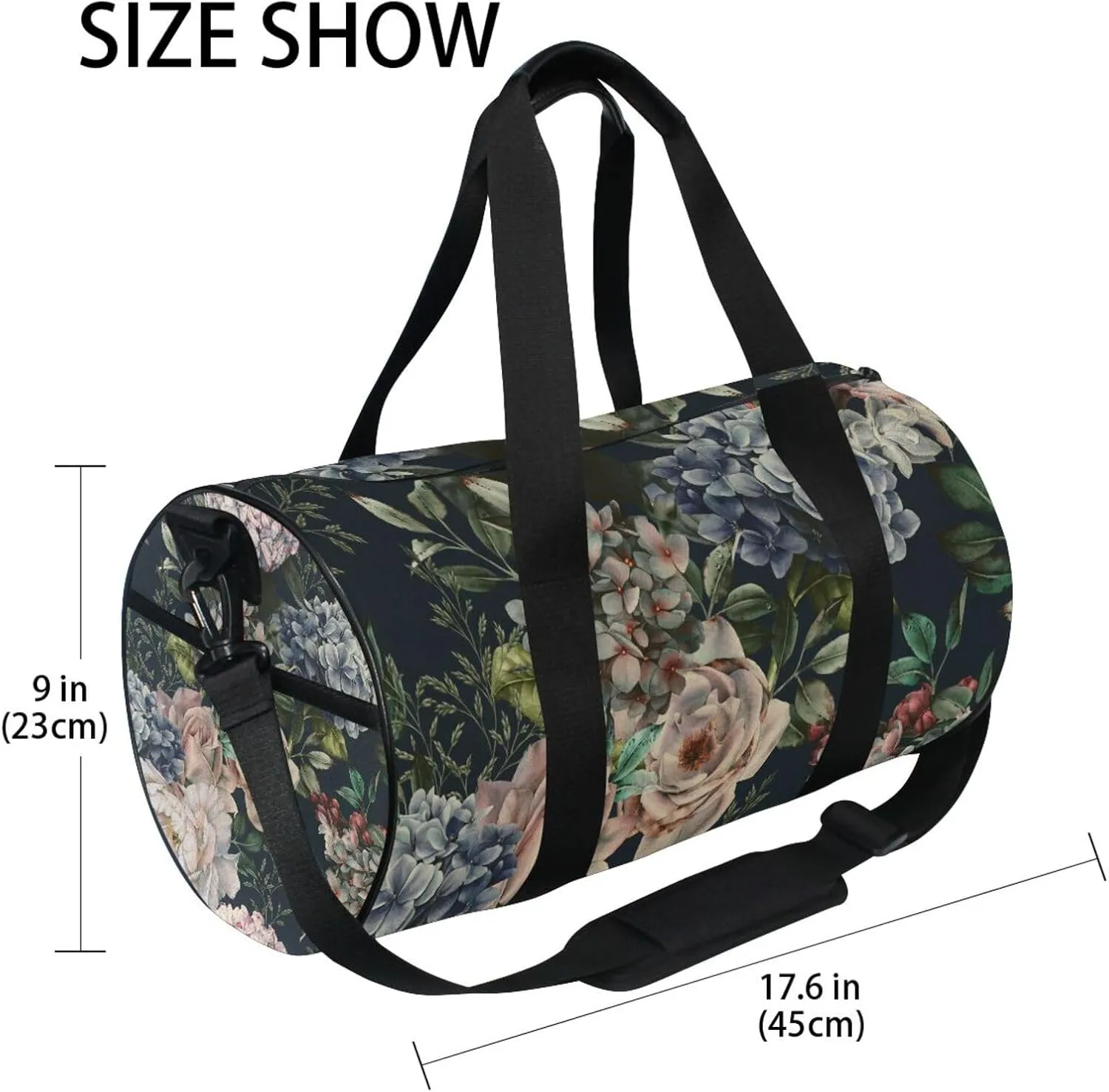 Seamless Floral Flowers Roses with Green Leaves on Dark Portable Gym Bag, Travel Bag, Luggage bag, Sports Bag, Toiletry Bag with Handles, Detachable Shoulder Strap 17.6 x 9 x 9 inch