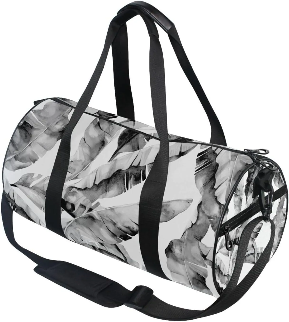 Seamless Grey Banana Leaves Jungle Leaves on White Portable Gym Bag, Travel Bag, Luggage bag, Sports Bag, Toiletry Bag with Handles, Detachable Shoulder Strap 17.6 x 9 x 9 inch