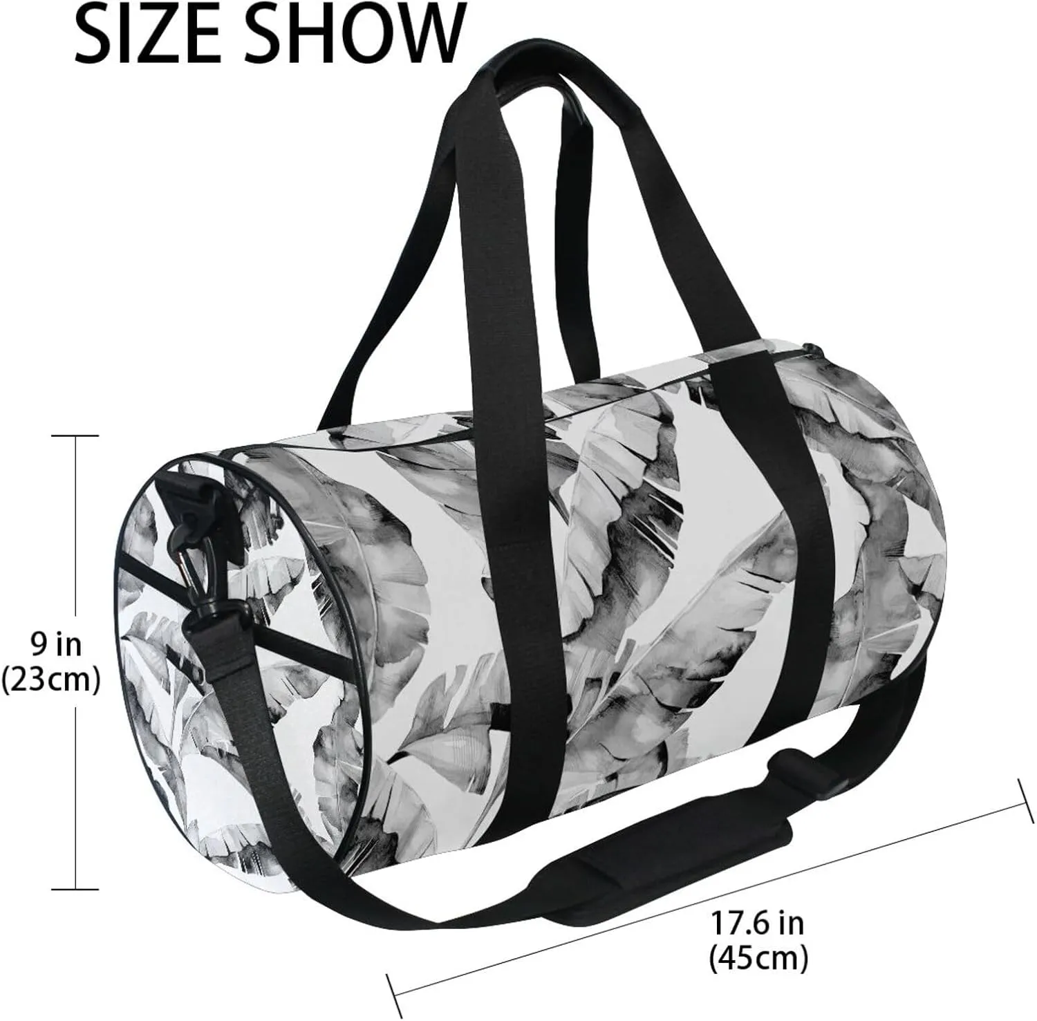 Seamless Grey Banana Leaves Jungle Leaves on White Portable Gym Bag, Travel Bag, Luggage bag, Sports Bag, Toiletry Bag with Handles, Detachable Shoulder Strap 17.6 x 9 x 9 inch