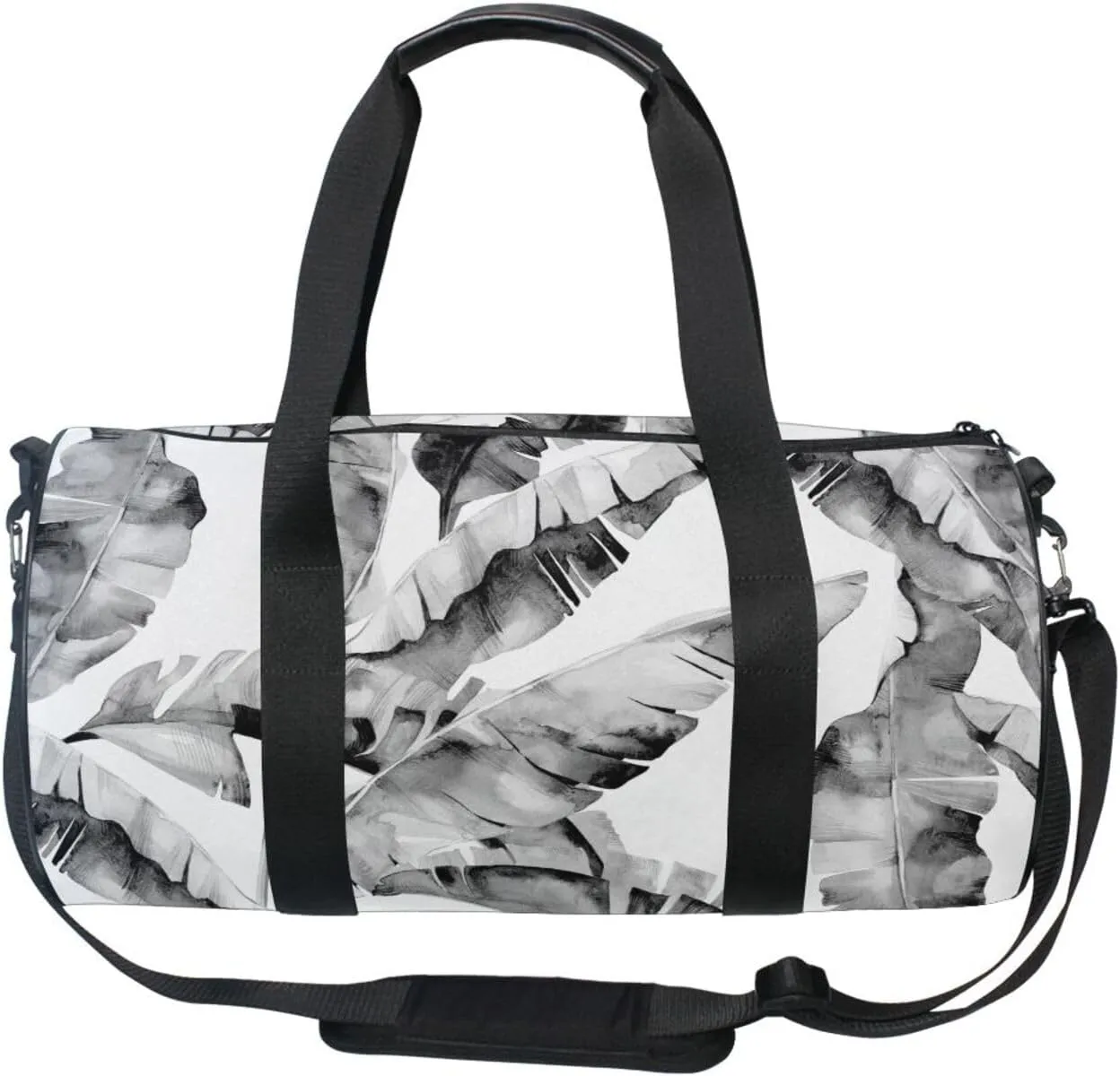 Seamless Grey Banana Leaves Jungle Leaves on White Portable Gym Bag, Travel Bag, Luggage bag, Sports Bag, Toiletry Bag with Handles, Detachable Shoulder Strap 17.6 x 9 x 9 inch