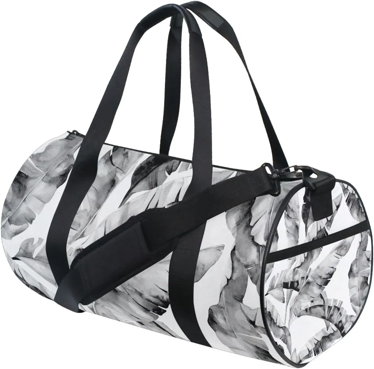 Seamless Grey Banana Leaves Jungle Leaves on White Portable Gym Bag, Travel Bag, Luggage bag, Sports Bag, Toiletry Bag with Handles, Detachable Shoulder Strap 17.6 x 9 x 9 inch
