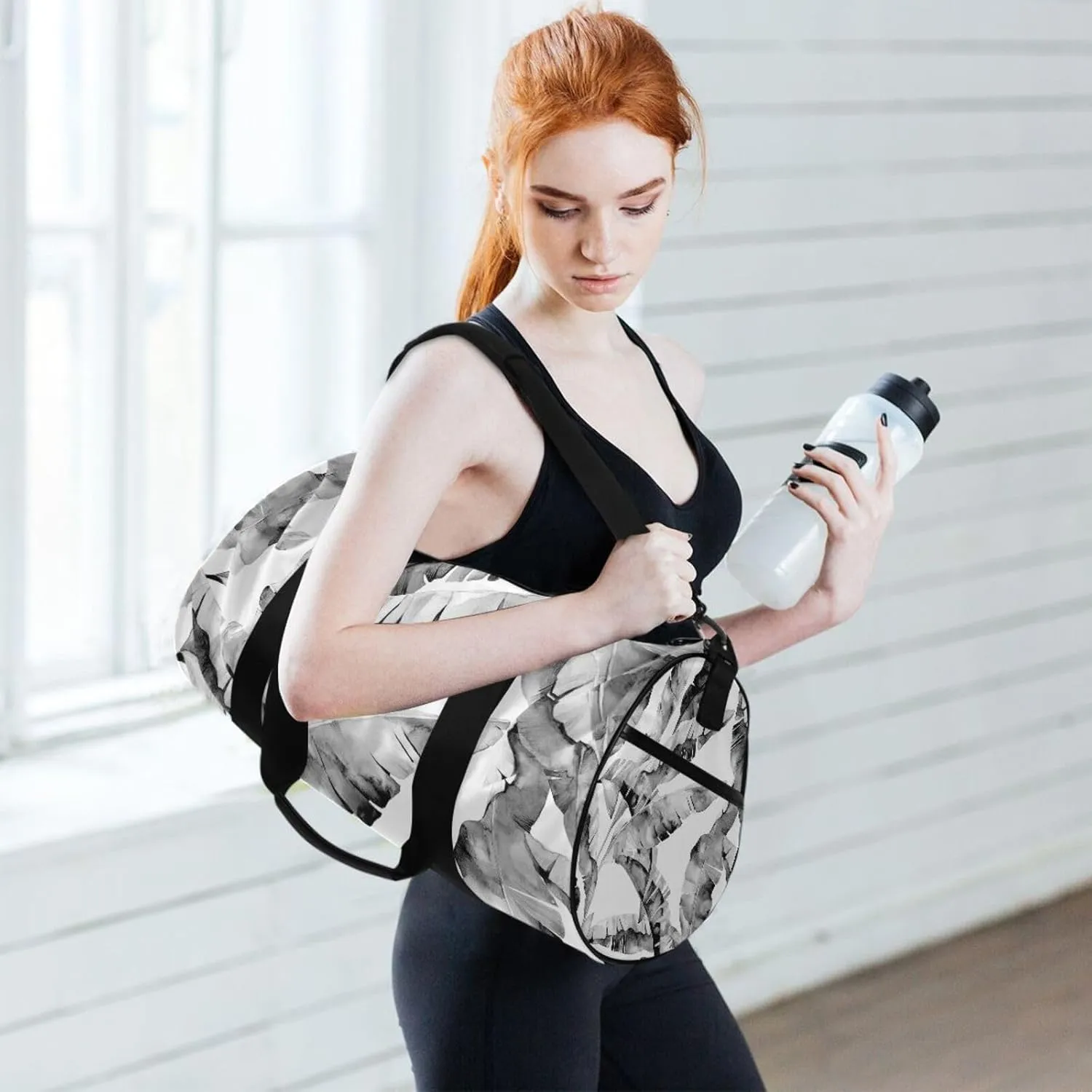 Seamless Grey Banana Leaves Jungle Leaves on White Portable Gym Bag, Travel Bag, Luggage bag, Sports Bag, Toiletry Bag with Handles, Detachable Shoulder Strap 17.6 x 9 x 9 inch