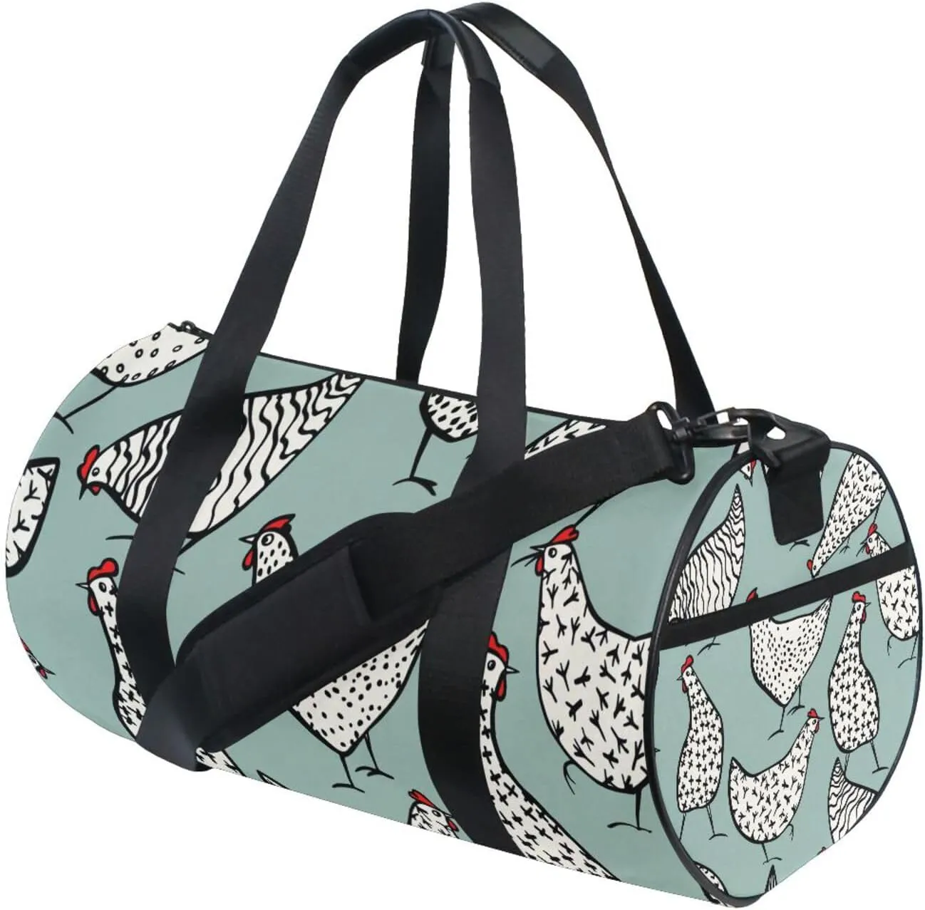 Seamless Hand Drawn White Chickens on Turquoise Portable Gym Bag, Travel Bag, Luggage bag, Sports Bag, Toiletry Bag with Handles, Detachable Shoulder Strap 17.6 x 9 x 9 inch