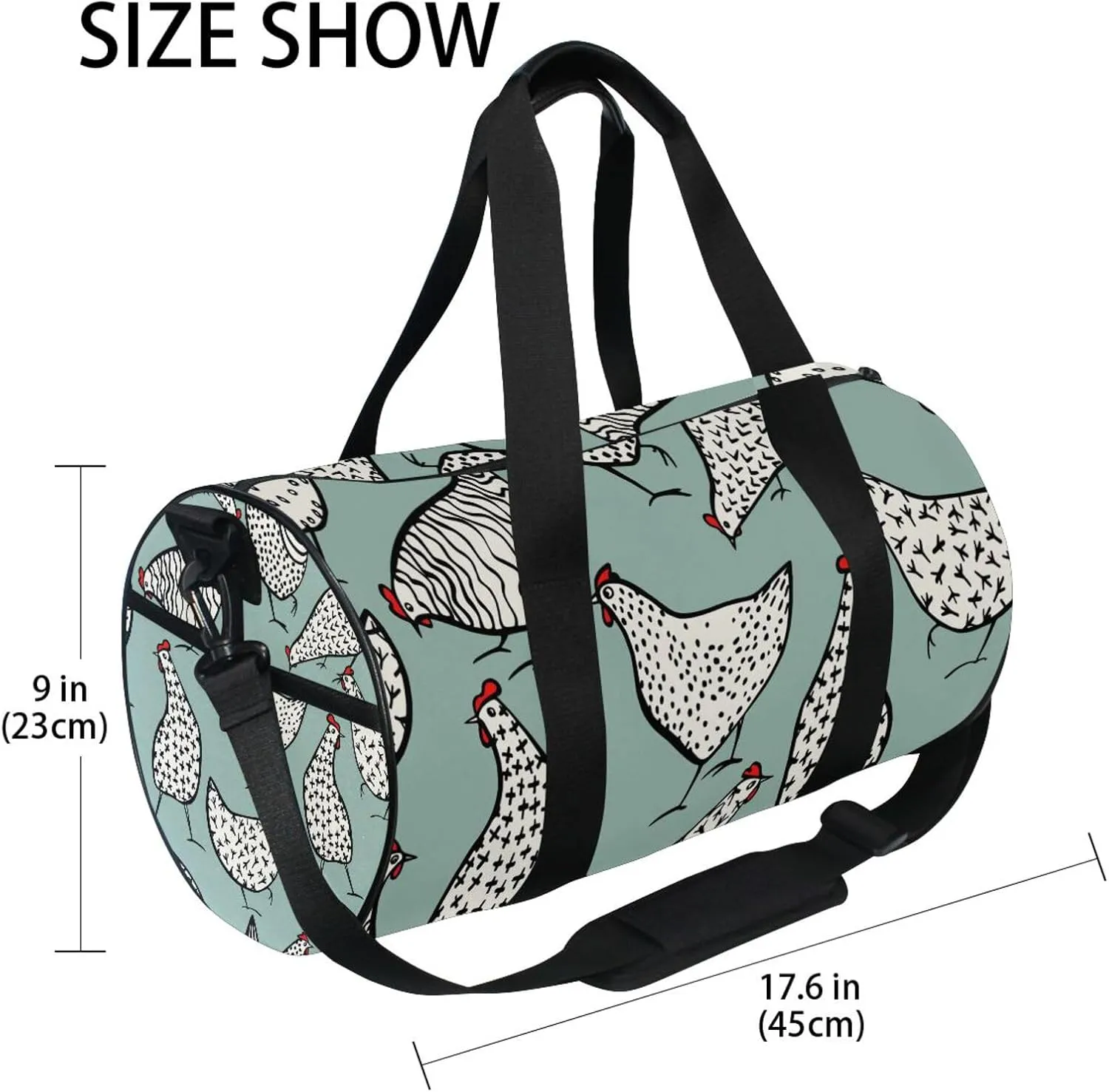 Seamless Hand Drawn White Chickens on Turquoise Portable Gym Bag, Travel Bag, Luggage bag, Sports Bag, Toiletry Bag with Handles, Detachable Shoulder Strap 17.6 x 9 x 9 inch