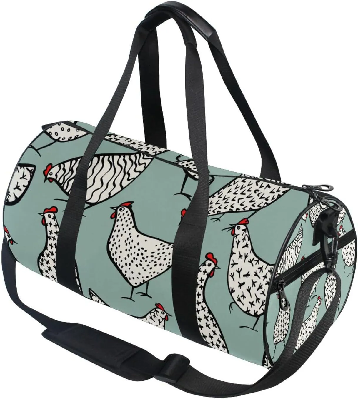 Seamless Hand Drawn White Chickens on Turquoise Portable Gym Bag, Travel Bag, Luggage bag, Sports Bag, Toiletry Bag with Handles, Detachable Shoulder Strap 17.6 x 9 x 9 inch