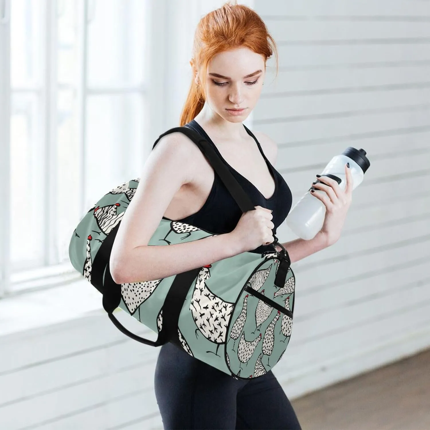 Seamless Hand Drawn White Chickens on Turquoise Portable Gym Bag, Travel Bag, Luggage bag, Sports Bag, Toiletry Bag with Handles, Detachable Shoulder Strap 17.6 x 9 x 9 inch