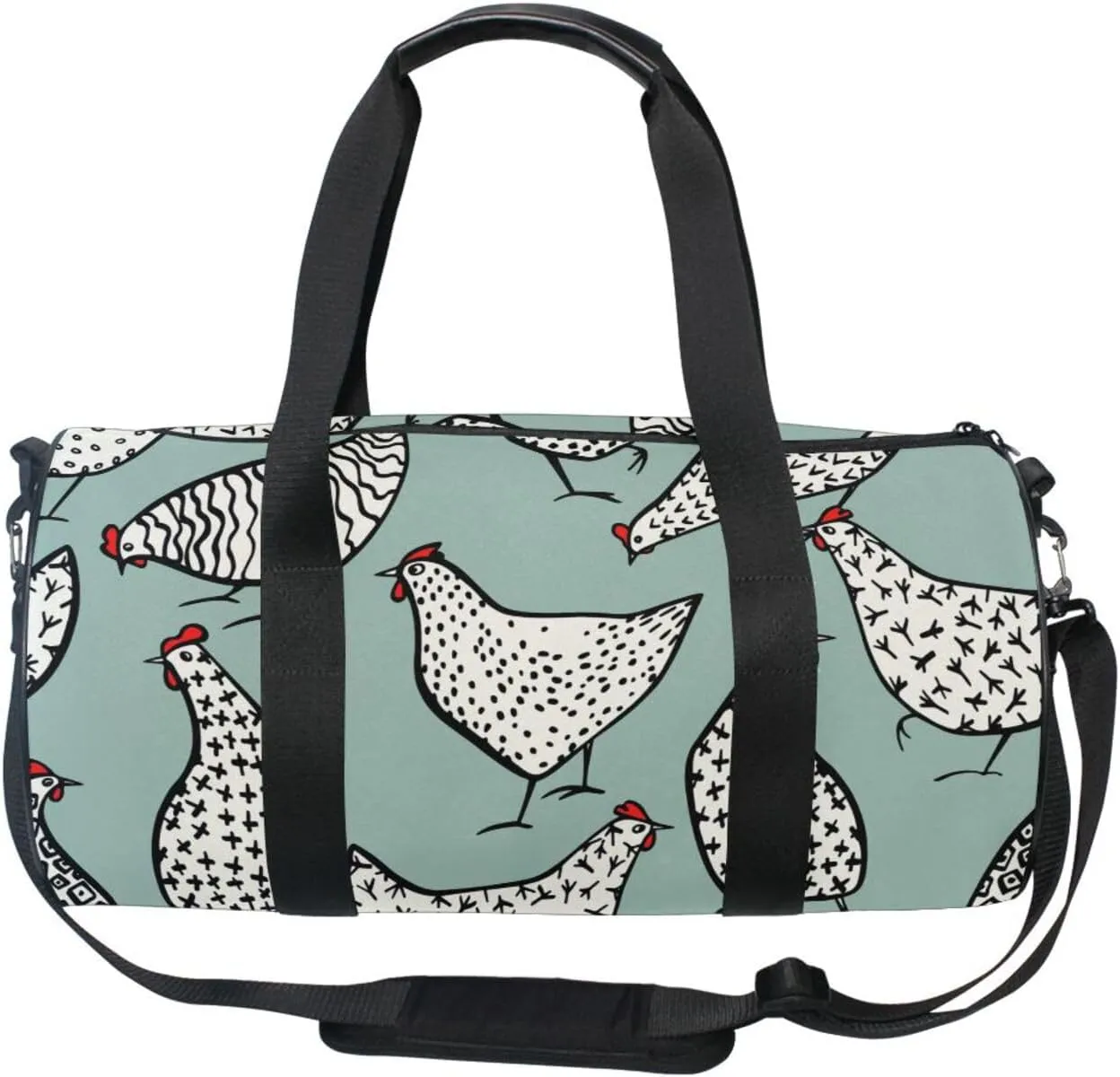 Seamless Hand Drawn White Chickens on Turquoise Portable Gym Bag, Travel Bag, Luggage bag, Sports Bag, Toiletry Bag with Handles, Detachable Shoulder Strap 17.6 x 9 x 9 inch