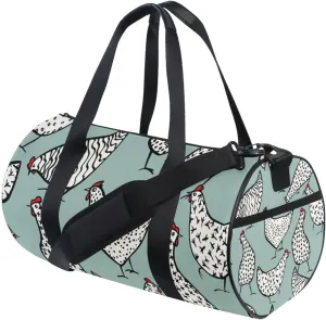 Seamless Hand Drawn White Chickens on Turquoise Portable Gym Bag, Travel Bag, Luggage bag, Sports Bag, Toiletry Bag with Handles, Detachable Shoulder Strap 17.6 x 9 x 9 inch