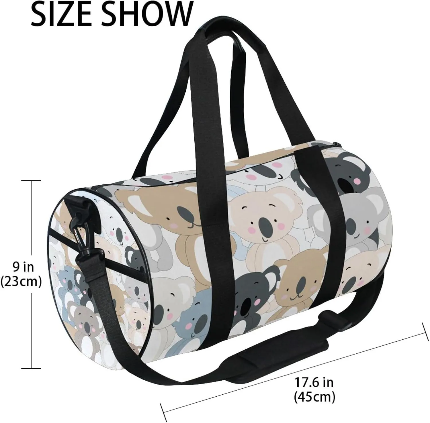 Seamless Koala Bear Hand Draw Doodle Cartoon Animals Texture Portable Gym Bag, Travel Bag, Luggage bag, Sports Bag, Toiletry Bag with Handles, Detachable Shoulder Strap 17.6 x 9 x 9 inch