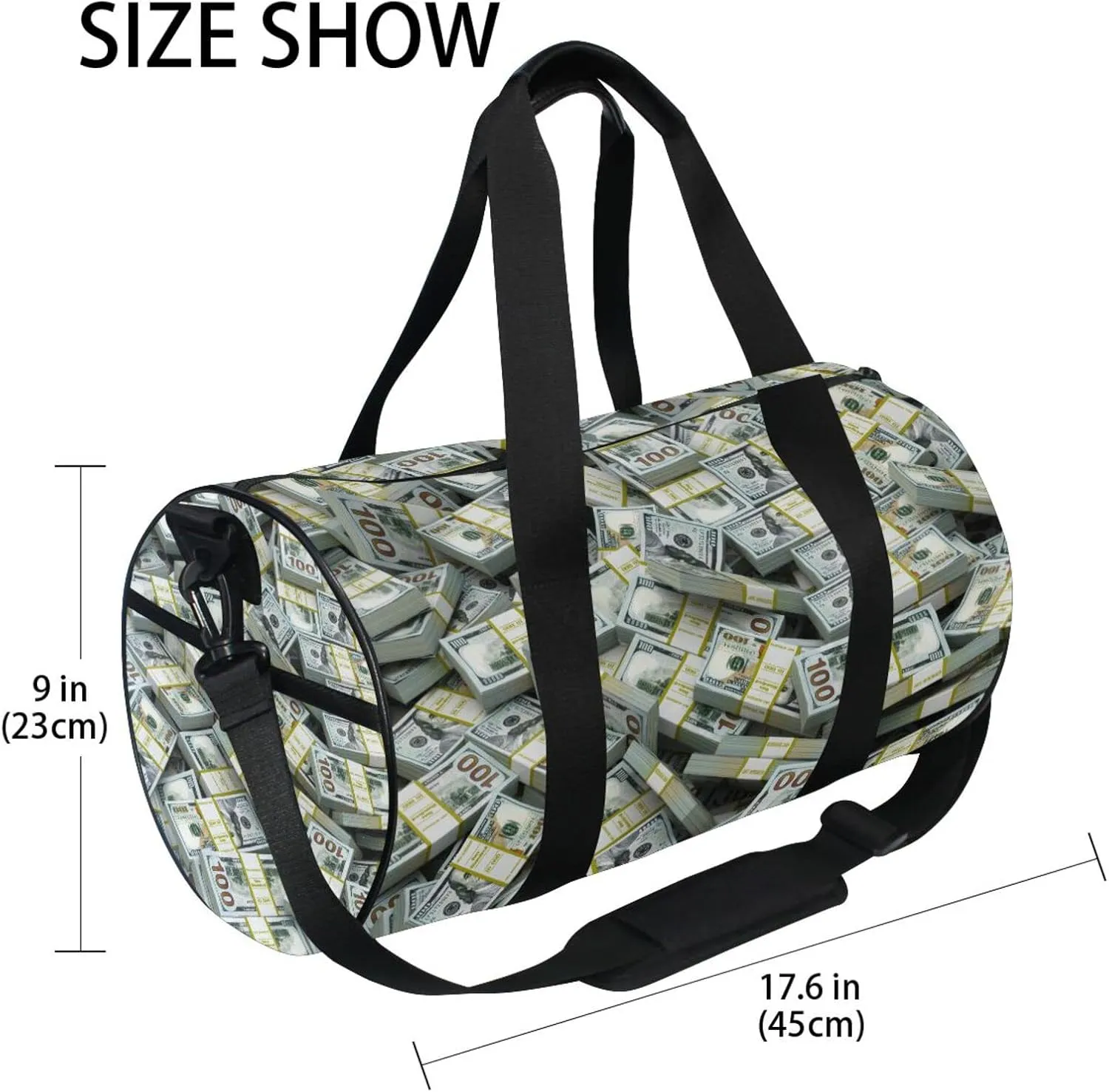 Seamless Packs of Dollars Lots of Cash Money Texture Duffel Bag, Foldable Canvas Travel Tote for Gym Sports with Inner Pockets, Durable Lightweight Fitness Bag for Overnight Workout
