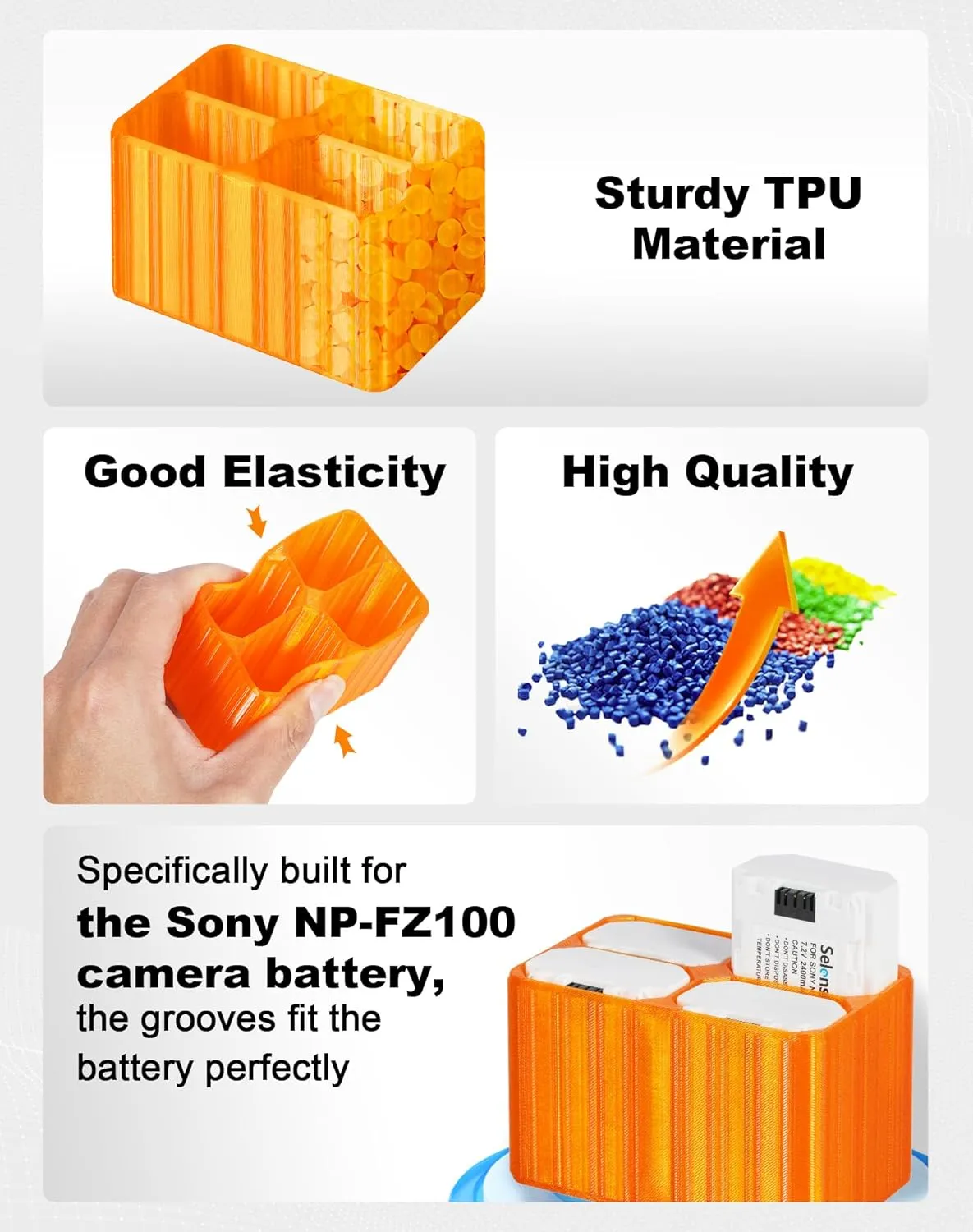 Selens TPU Air Bladder NP-FZ100 Camera Battery Case Bag Box for Sony NP-FZ100 Battery (Orange 4 Sections)