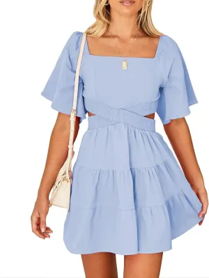 Senllen Womens Summer Dresses 2025 Short-Sleeve Square Neck Mini Dress Crossover Elastic Waist Casual Party Tiered Dress