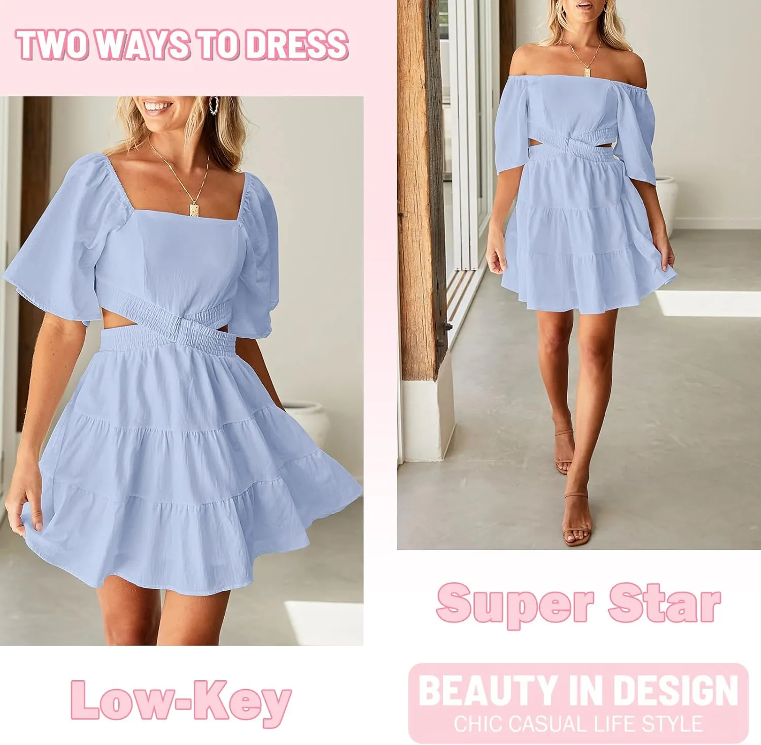 Senllen Womens Summer Dresses 2025 Short-Sleeve Square Neck Mini Dress Crossover Elastic Waist Casual Party Tiered Dress