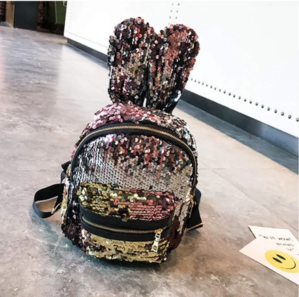 Sequin backpack Shoulder Bag For Women With Cute Rabbit Ears Backpack Sequins Shoulder Bag Travel Day pack (Multicolor Gold)
