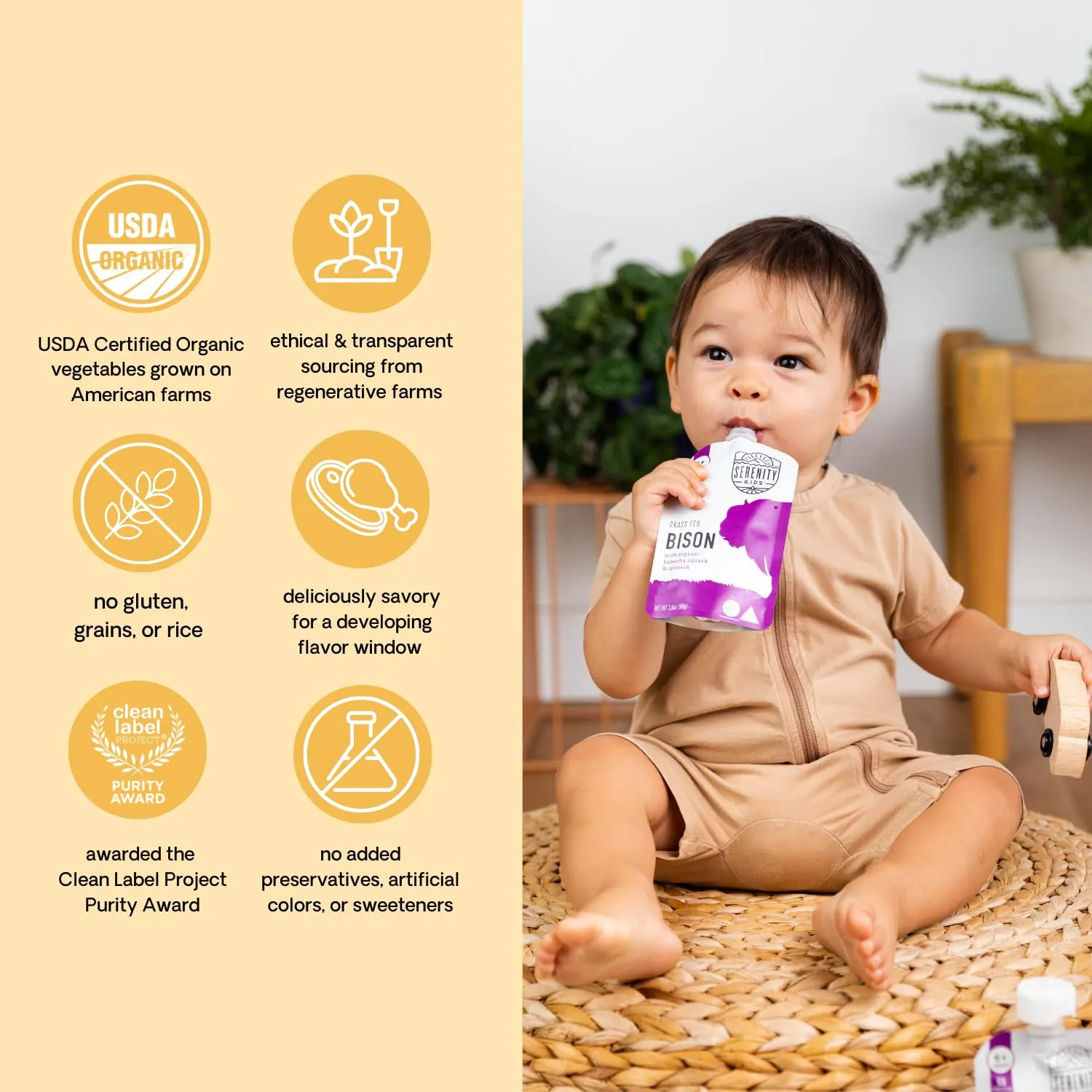 Serenity Kids 6  Months Baby Food Pouches - Ethically Sourced Grass Fed Bison - Organic Kabocha Squash & Spinach Puree - 3.5 Oz BPA-Free - 6 Count