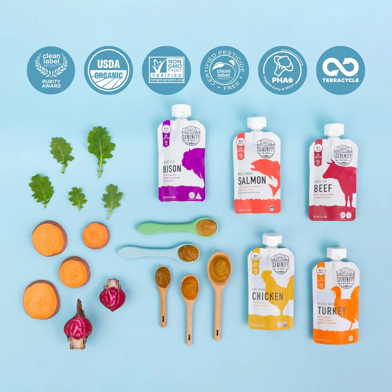 Serenity Kids 6  Months Baby Food Pouches - Ethically Sourced Grass Fed Bison - Organic Kabocha Squash & Spinach Puree - 3.5 Oz BPA-Free - 6 Count
