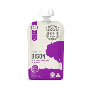 Serenity Kids 6  Months Baby Food Pouches - Ethically Sourced Grass Fed Bison - Organic Kabocha Squash & Spinach Puree - 3.5 Oz BPA-Free - 6 Count