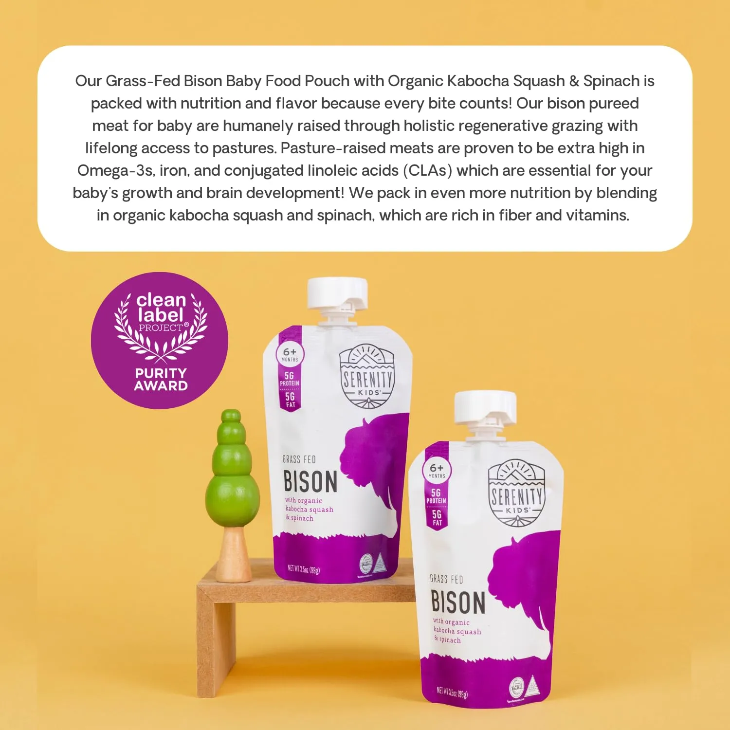 Serenity Kids 6  Months Baby Food Pouches - Ethically Sourced Grass Fed Bison - Organic Kabocha Squash & Spinach Puree - 3.5 Oz BPA-Free - 6 Count