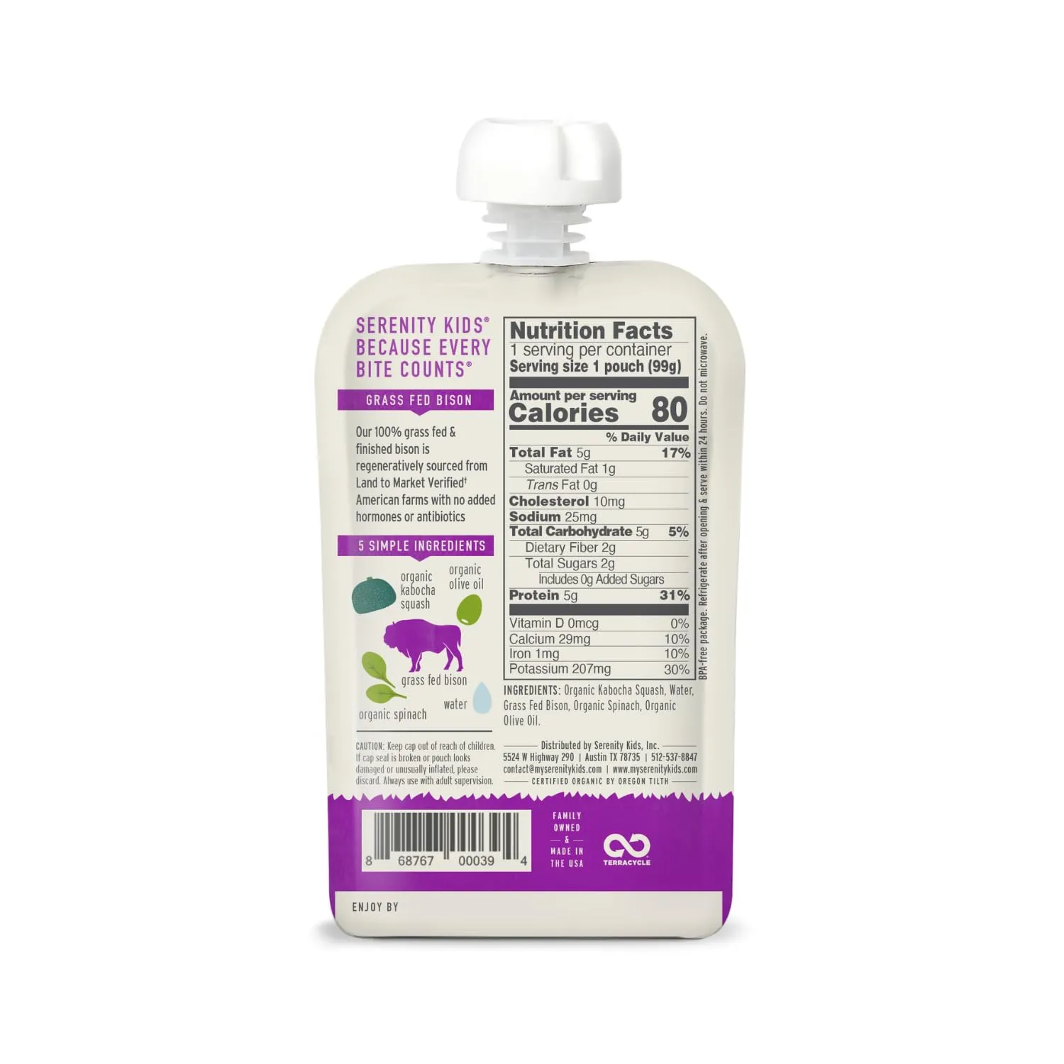 Serenity Kids 6  Months Baby Food Pouches - Ethically Sourced Grass Fed Bison - Organic Kabocha Squash & Spinach Puree - 3.5 Oz BPA-Free - 6 Count