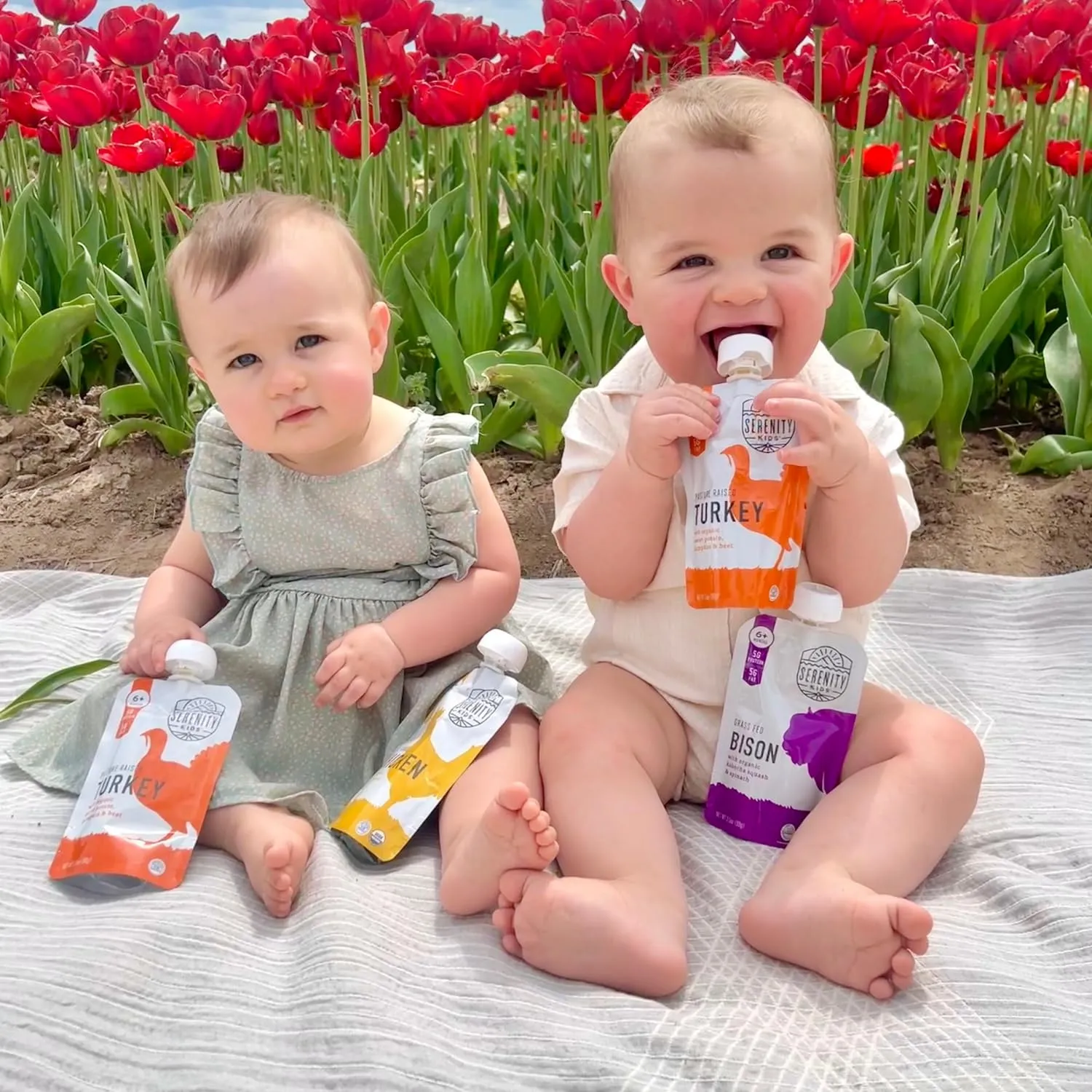 Serenity Kids 6  Months Baby Food Pouches - Ethically Sourced Grass Fed Bison - Organic Kabocha Squash & Spinach Puree - 3.5 Oz BPA-Free - 6 Count