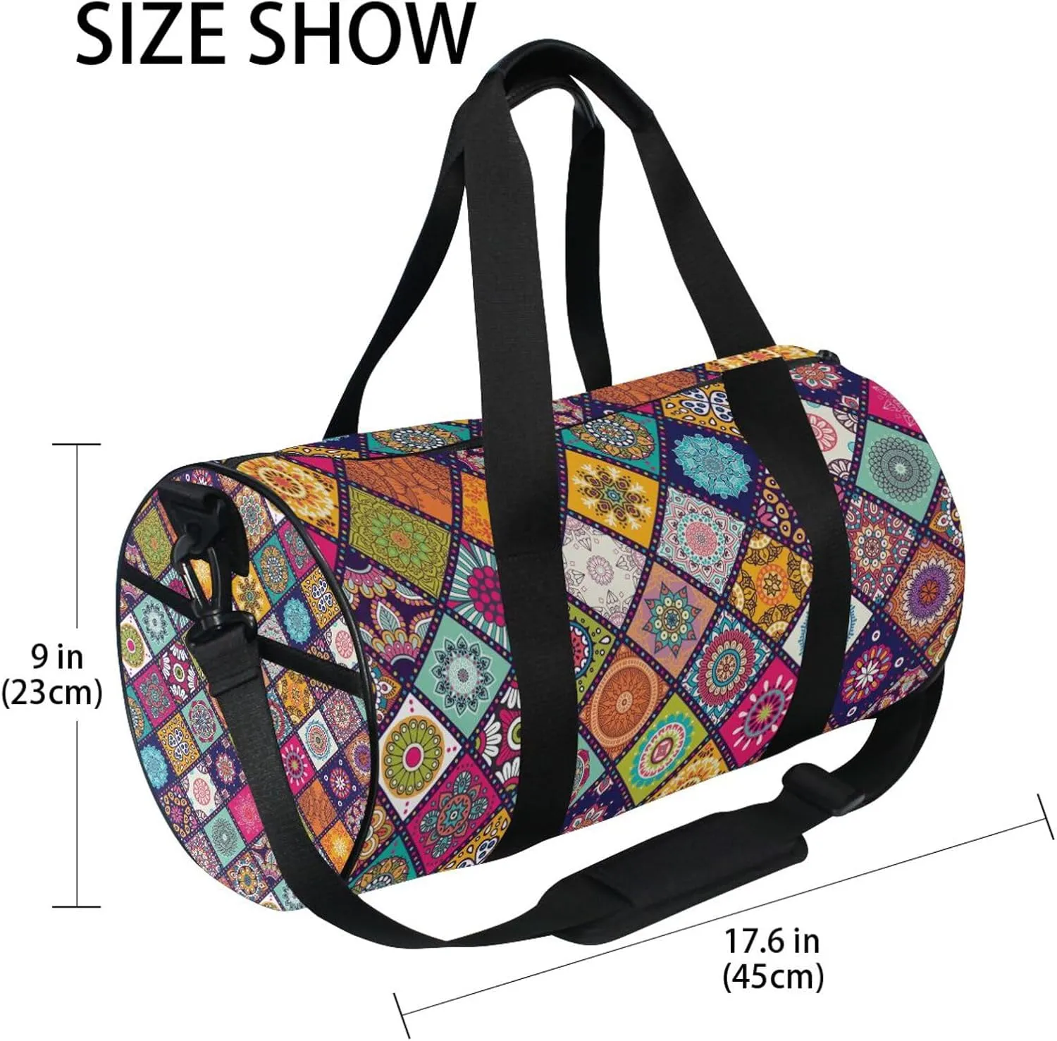 Set Colored Mandala Ethnic Islam, Arabic, Indian, Ottoman Motifs Portable Gym Bag, Travel Bag, Luggage bag, Sports Bag, Toiletry Bag with Handles, Detachable Shoulder Strap 17.6 x 9 x 9 inch