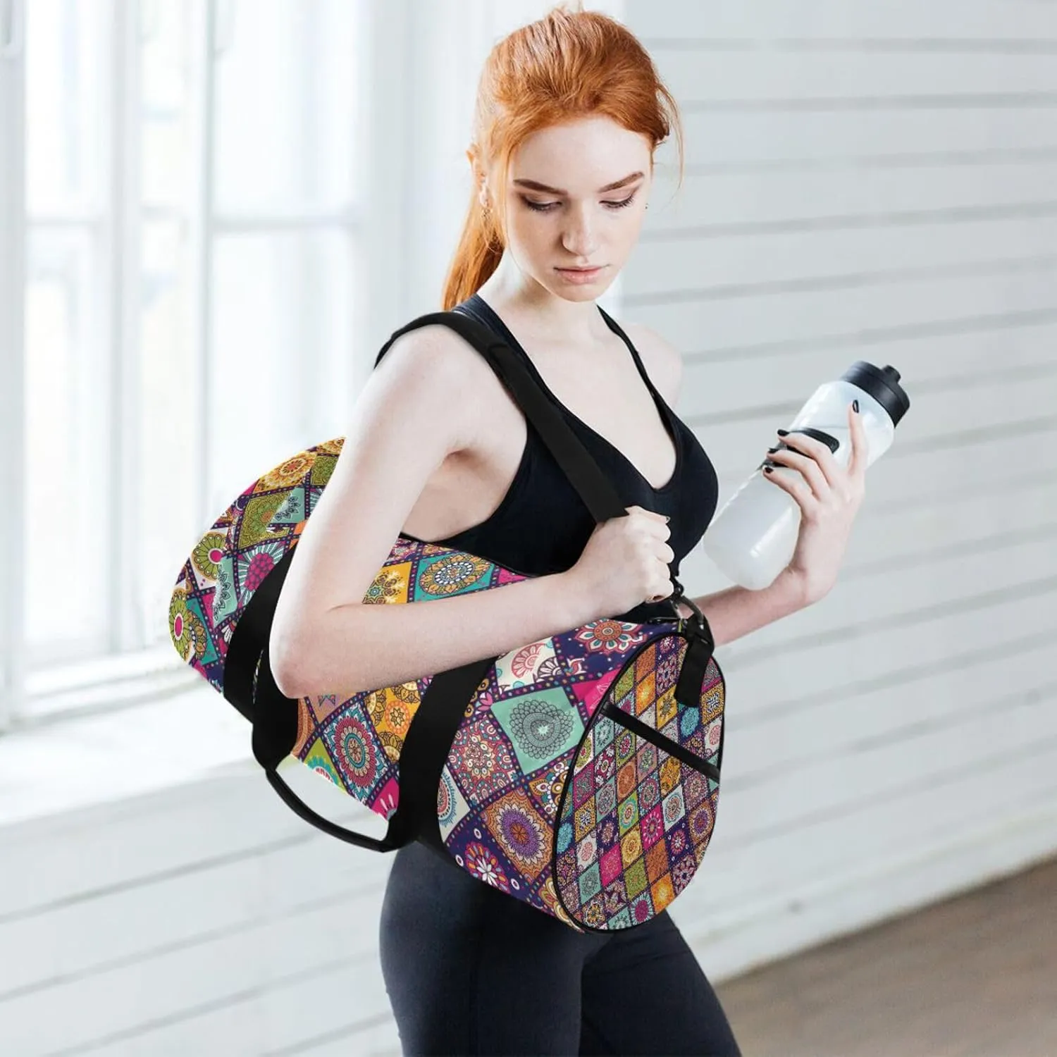 Set Colored Mandala Ethnic Islam, Arabic, Indian, Ottoman Motifs Portable Gym Bag, Travel Bag, Luggage bag, Sports Bag, Toiletry Bag with Handles, Detachable Shoulder Strap 17.6 x 9 x 9 inch
