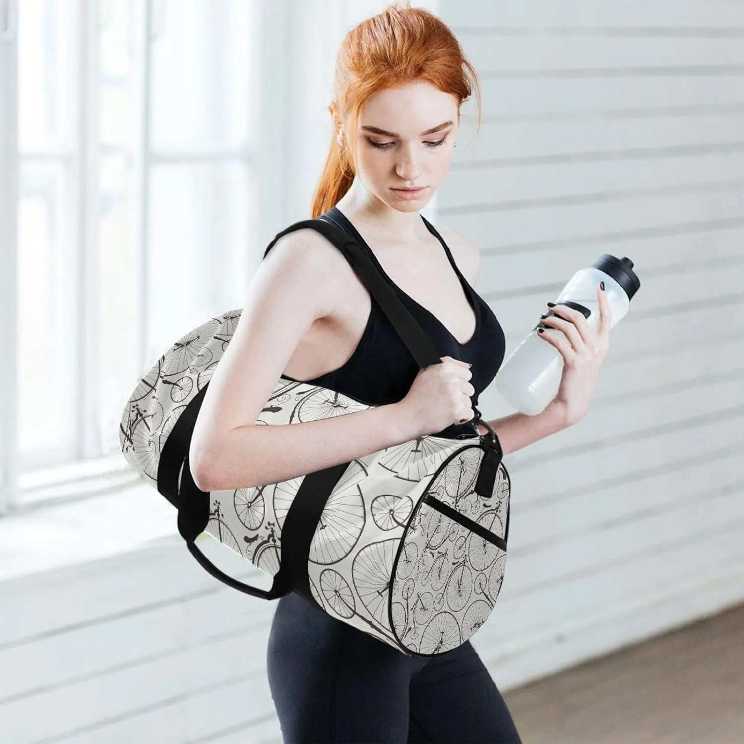 Set of Seamless Old Bicycles Bikes Portable Gym Bag, Travel Bag, Luggage bag, Sports Bag, Toiletry Bag with Handles, Detachable Shoulder Strap 17.6 x 9 x 9 inch
