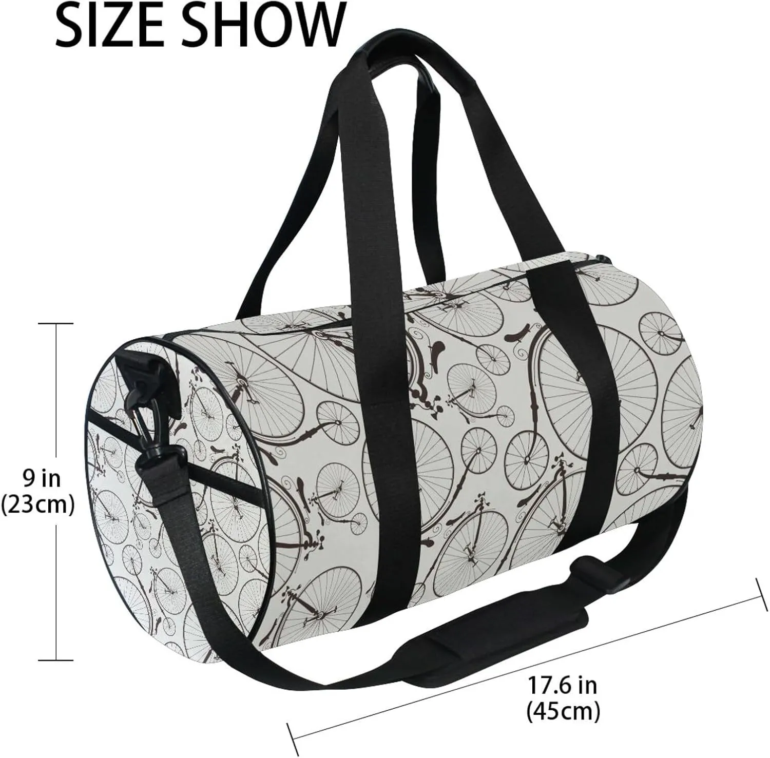 Set of Seamless Old Bicycles Bikes Portable Gym Bag, Travel Bag, Luggage bag, Sports Bag, Toiletry Bag with Handles, Detachable Shoulder Strap 17.6 x 9 x 9 inch
