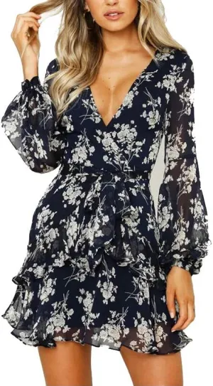 Sexy Wrap Blouse Wrap Ruffle Chiffon Blouses for Women Long Sleeve Wrap Tie Blouse for Women
