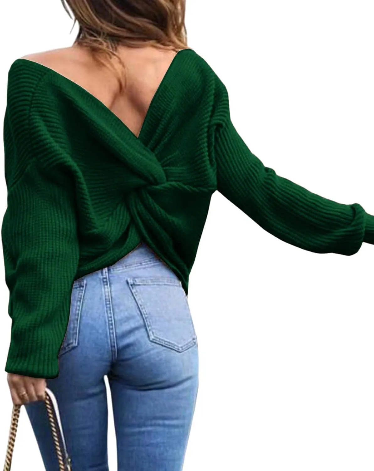 Sexyshine Women's Casual V Neck Criss Cross Backless Long Batwing Sleeve Loose Knitted Sweater Pullovers