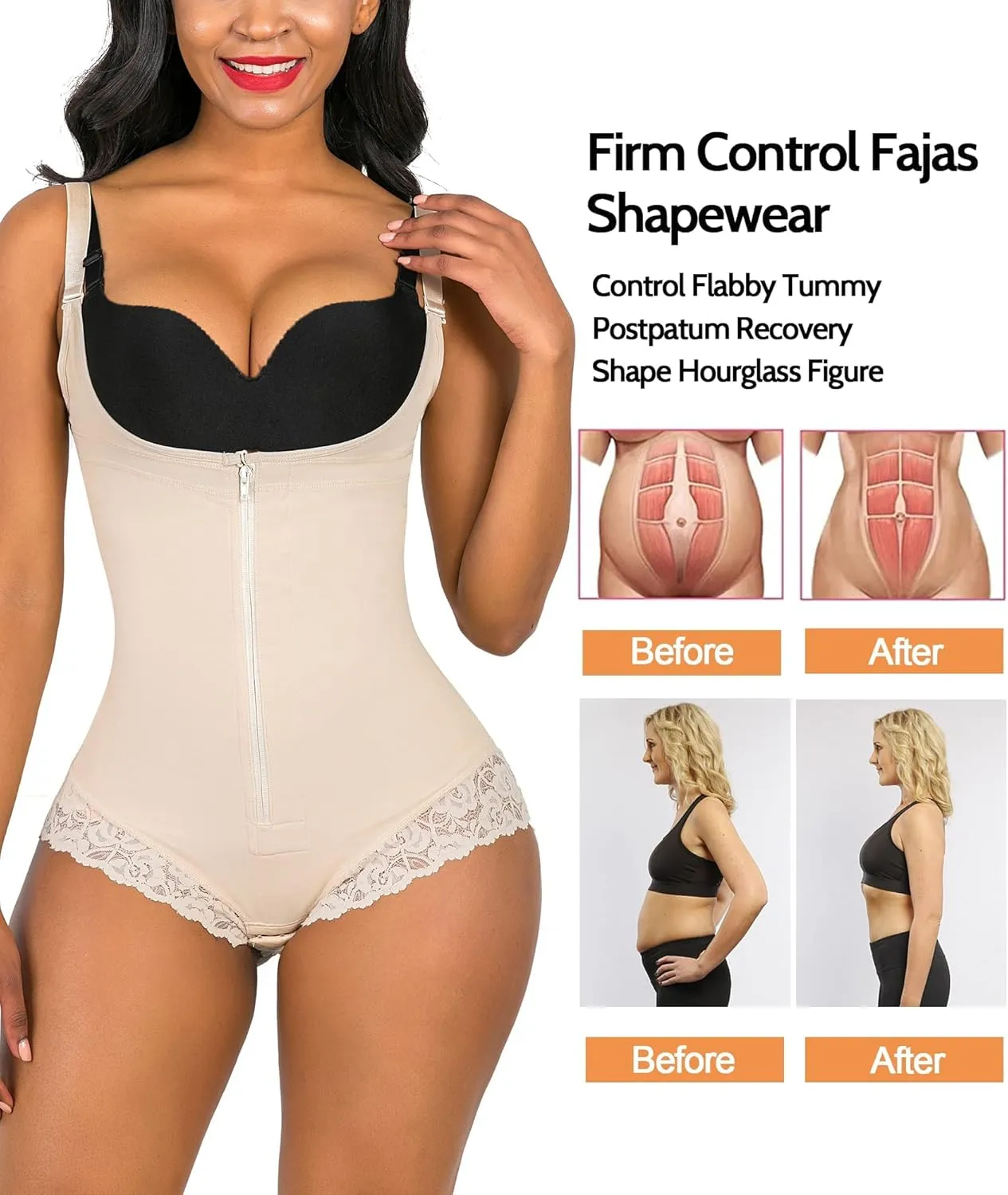SHAPERX Women's Fajas Colombianas Shapewear Postpartum Tummy Control Body Shaper Butt Lifter Bodysuit