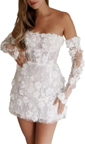 Short Wedding Dresses for Bride Beach Lace Strapless Tulle Applique Boho Mini Bridal Dress for Bride