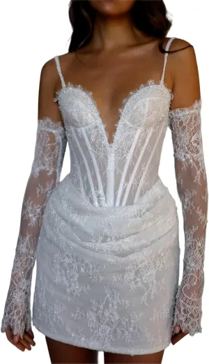 Short Wedding Dresses for Bride Beach Off Shoulder Strapless Long Sleeve Tulle Mini Tight Bridal Dress for Wedding