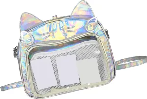 Shoulder Handbag，Japanese Anime Cats Itabag PU Backpack for Women and Teen Girls Pin Display Clear Crossbody Bag with Adjustable Straps