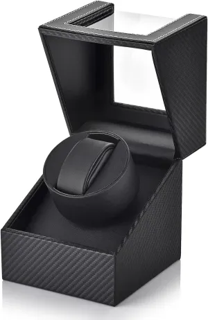 SHOWPIN Automatic Single Watch Winder in Black Fiber Leather with Japanese Quiet Motor Flexible Watch Pillow Bidirection Rotation for Men and Women Battery Powered or AC Adapter