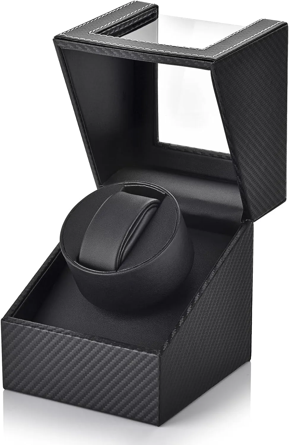 SHOWPIN Automatic Single Watch Winder in Black Fiber Leather with Japanese Quiet Motor Flexible Watch Pillow Bidirection Rotation for Men and Women Battery Powered or AC Adapter
