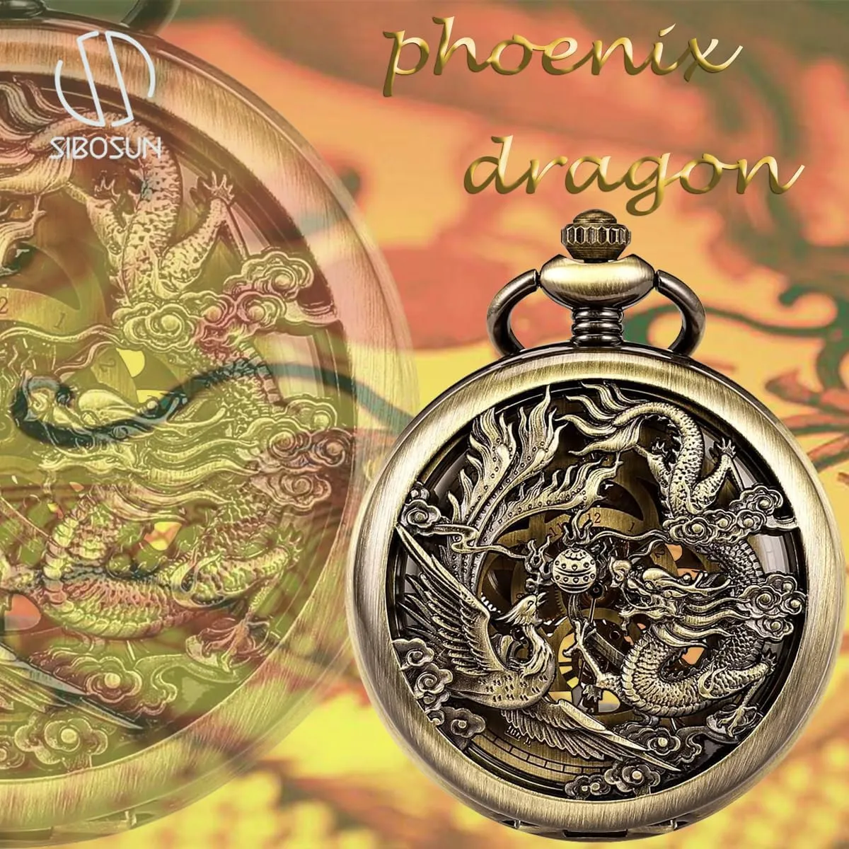 SIBOSUN Mechanical Pocket Watch for Men Antique Pocket Watch with Chain Steampunk Skeleton Mens Pocket Watches with Gift Box