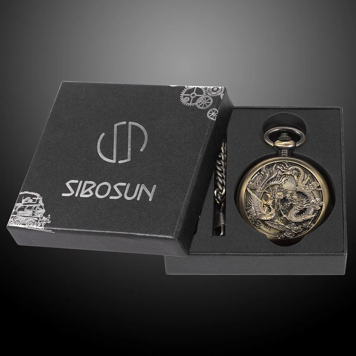 SIBOSUN Mechanical Pocket Watch for Men Antique Pocket Watch with Chain Steampunk Skeleton Mens Pocket Watches with Gift Box