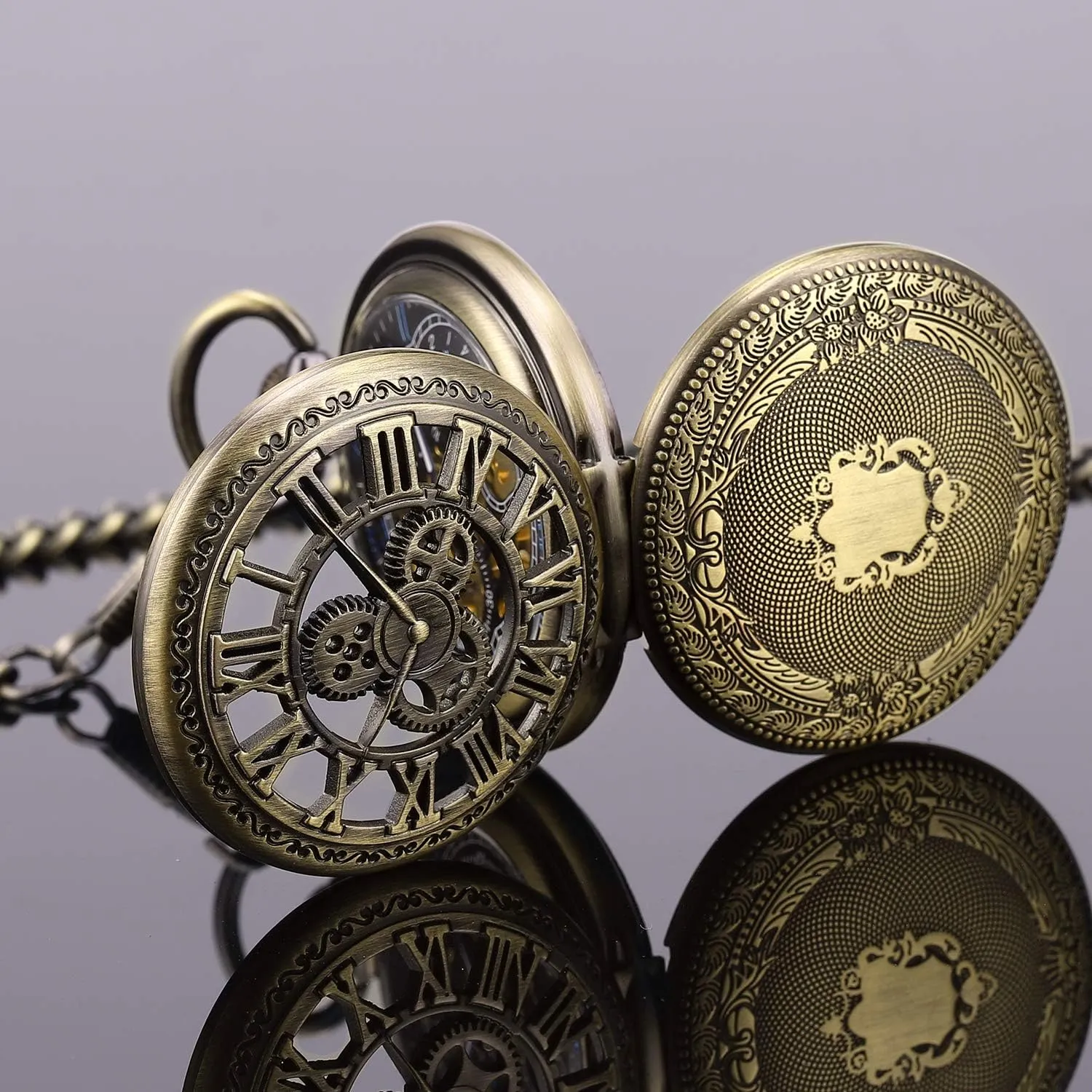 SIBOSUN Pocket Watch Skeleton Mechanical Double Case Hand-Wind Roman Numerals Antique Chain Mens